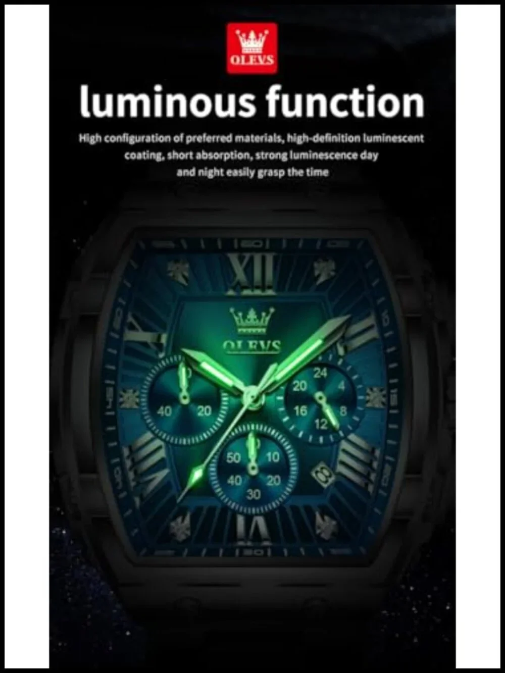 Mens Analog Chronograph Watch Square Dress Stainless Steel Waterproof Luminous